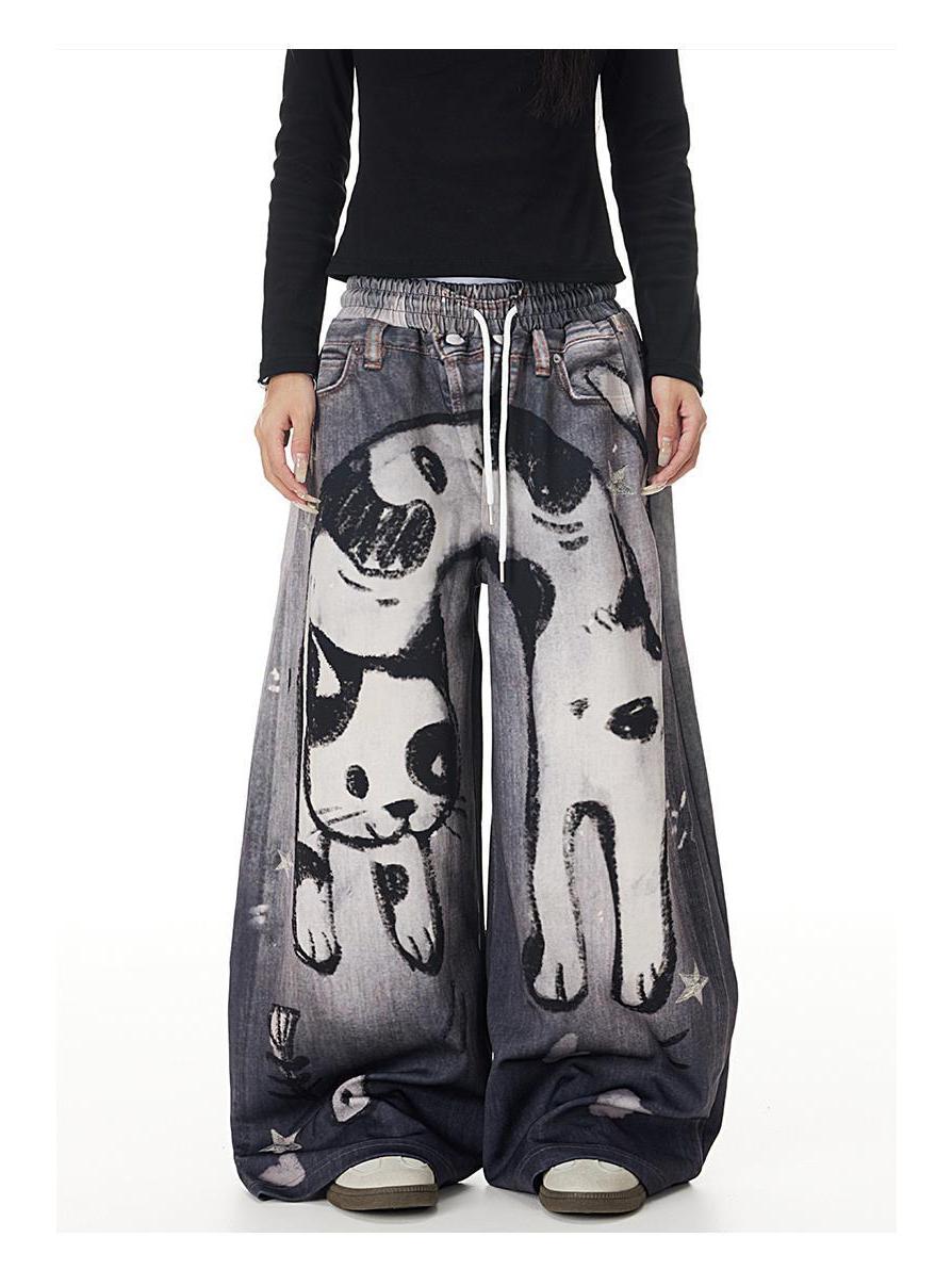

Custom Retro Cat Graffiti Wide-Leg Jeans for Men and Women 2XL черный серый