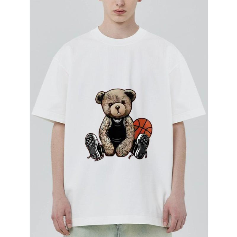 Crewneck T Shirt Black Bear Basketball and Sneakers Print Casual Streetwear for Men and Women