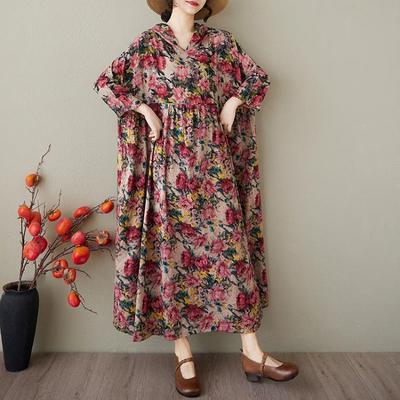 Summer  Vintage Floral Maxi Dress Women Plus Size Casual Loose Long Hooded Pleated Basic Dress