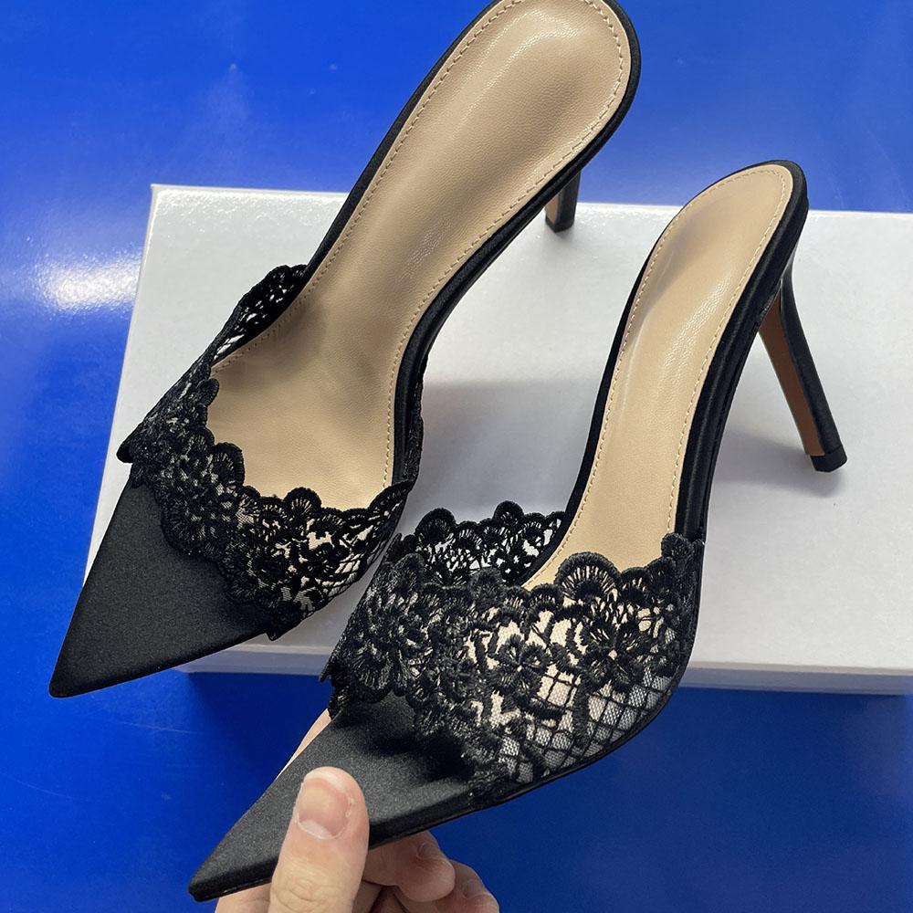 Summer Peep Toe Lace Women's Mules Sandals Elegant Chic 9cm High Heels Sexy Party Shoes Slipper Sandals