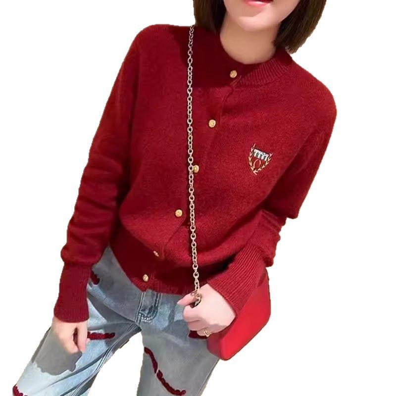 Women's 100% Wool Embroidered Badge Cardigan - New for Early Spring 2025, Soft Round Neck, Thin Knit Sweater.