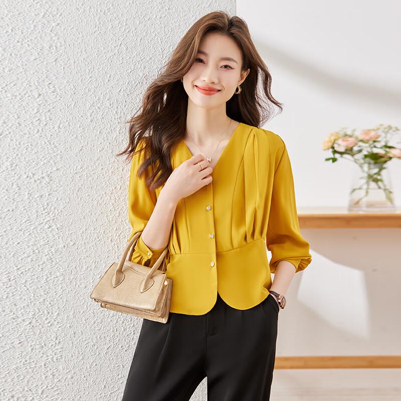 Women's Pleated V-neck Long-Sleeve Shirt