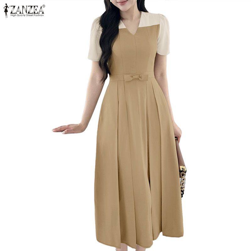 

ZANZEA Женское повседневное платье пэчворк с V-образным вырезом, свободного кроя, с короткими рукавами 5XL хаки