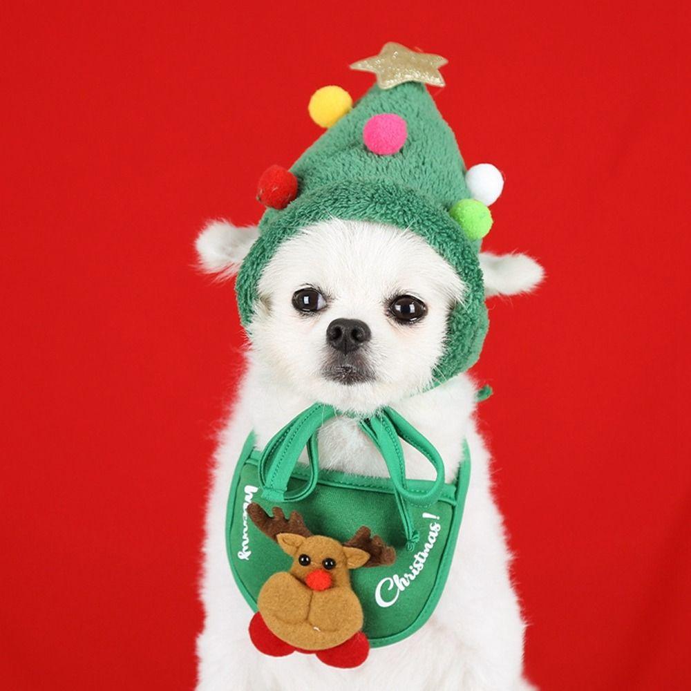 2PCS Cotton Plush Christmas Pet Hat Winter Pet Costume New Pet Bandana  Dog