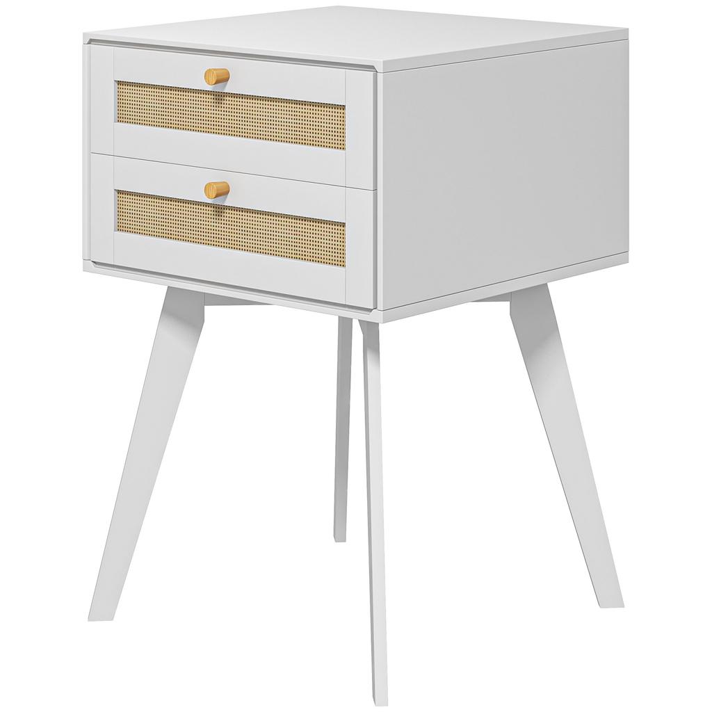 White Bedside Table Nightstand with 2 Drawers Cannage Style Small Side Table 40x40x60 cm
