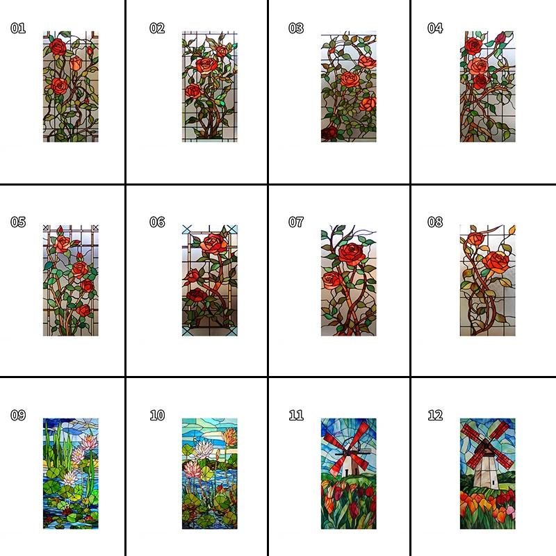 Art Rose Lotus Glass Film Church Stained Window Films Static Vintage Cling Waterproof Sun-proof Frosted Privacy Glass Stickers