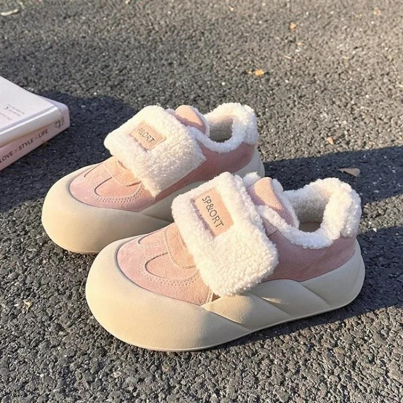 Fashion Thick Soled Fuzzy Cotton Shoes 2024 Winter New Casual Warm Sneakers College style kawaii thick soled women's Lolita tennis shoes
