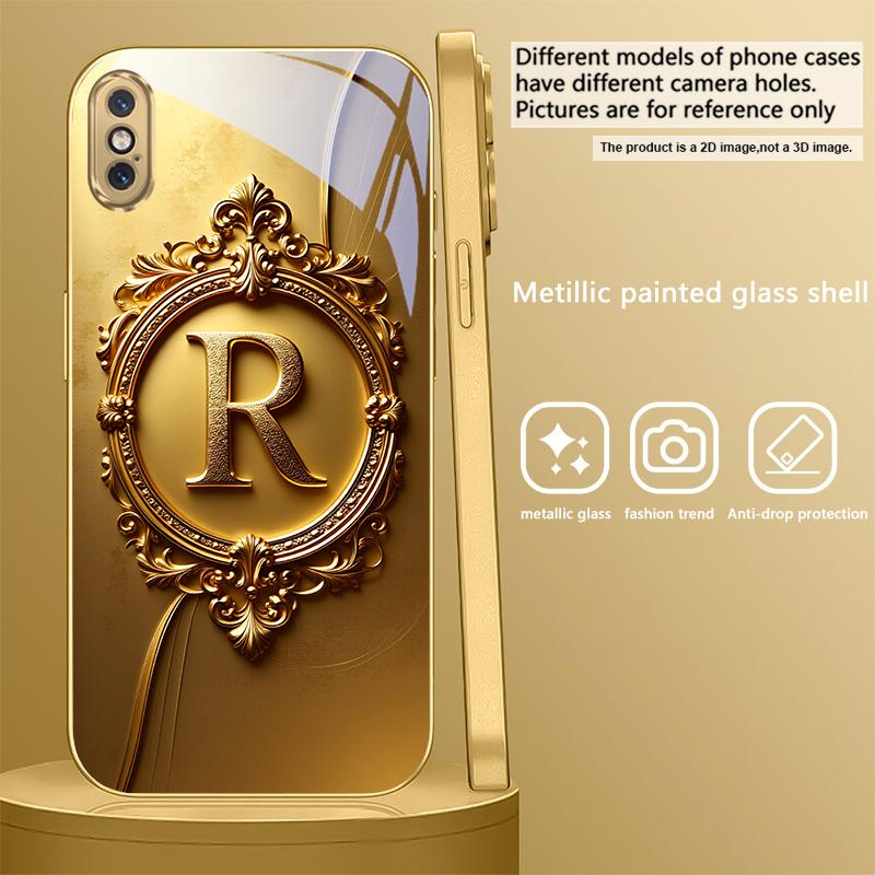 Gorgeous letter gold "R" For IPhone 17Pro Max 16 17 Pro 15 Pro 14 13 Plus 12 Mini 11Pro Max XR 16E 17Air Golden glass phone case