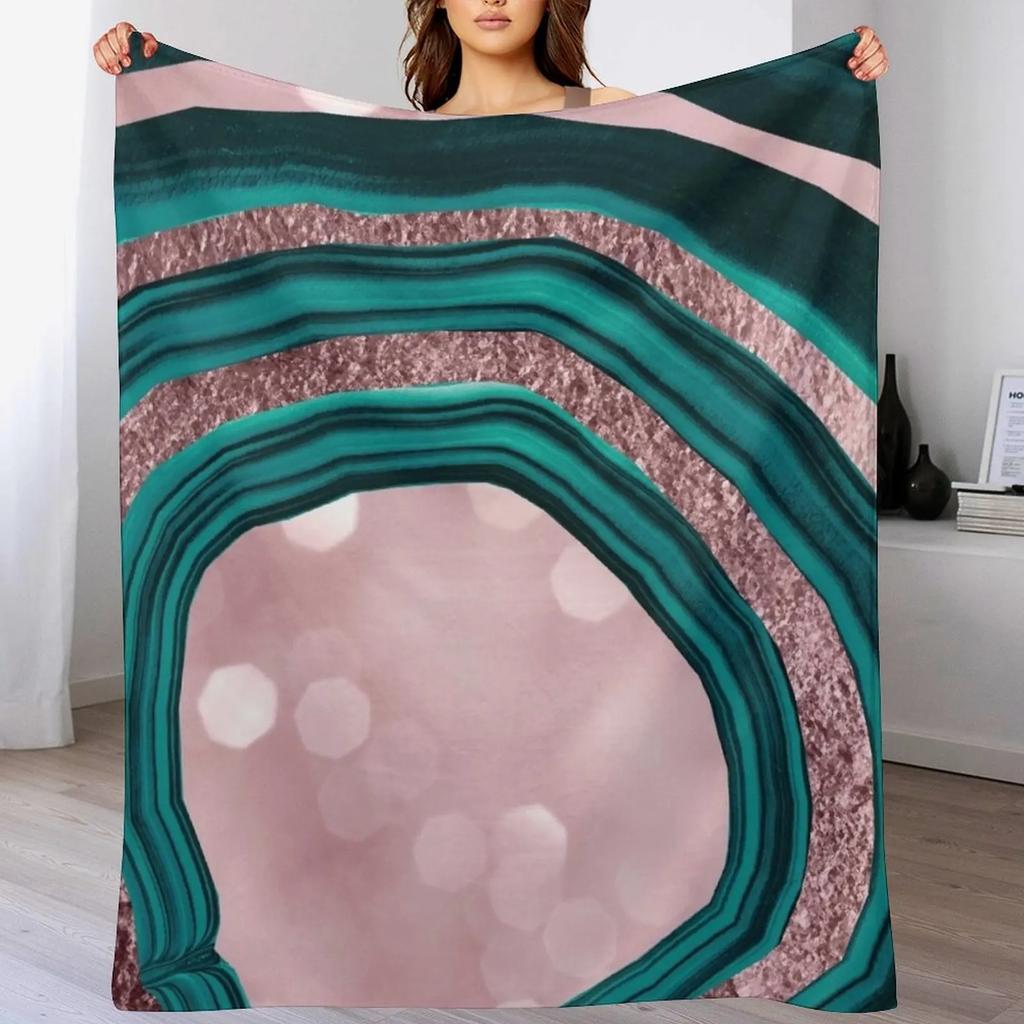 New Agate Teal Rose Gold Blush 1 abstract shiny decor art Throw Blanket Soft Warm Blanket Gift for Men Women Adults