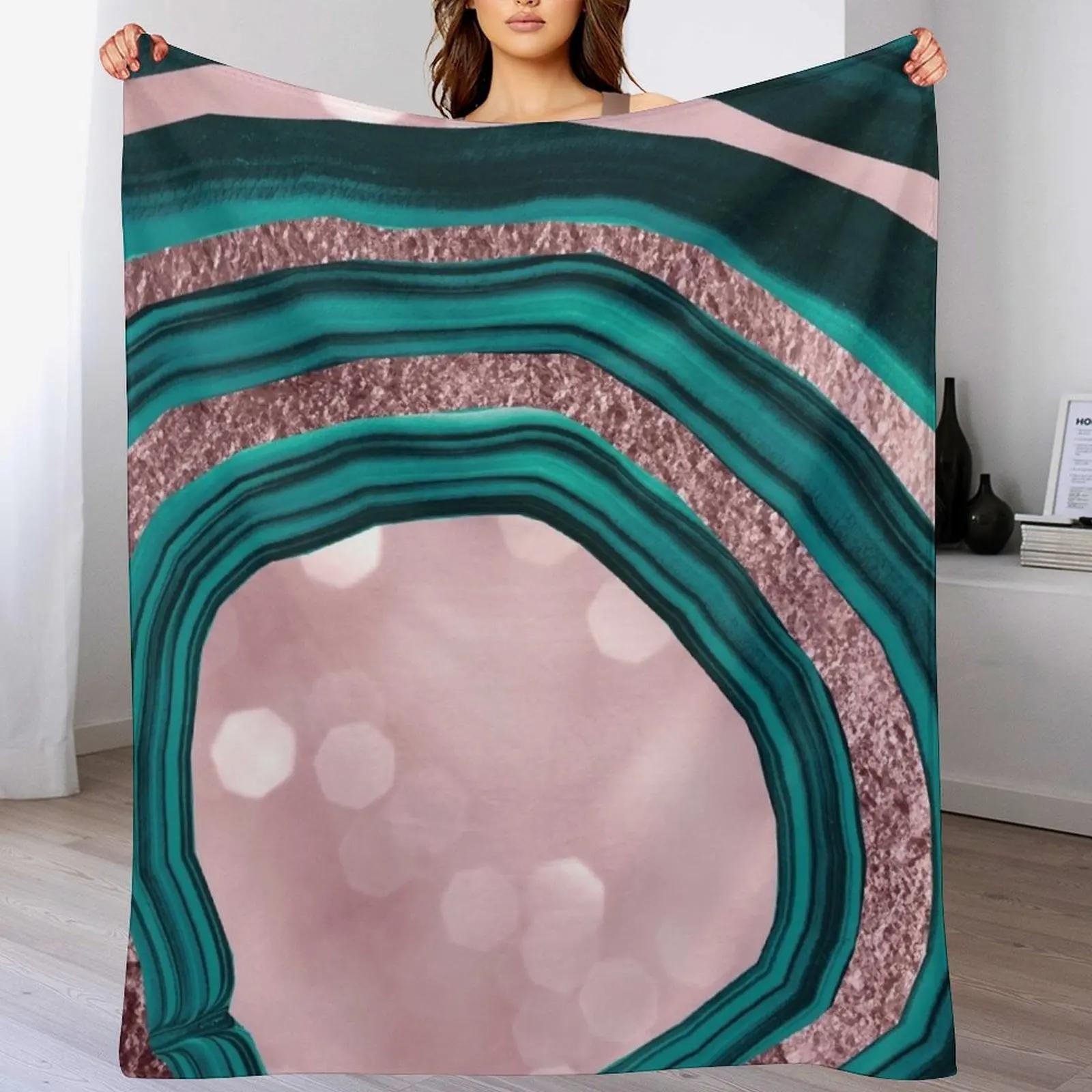 

New Agate Teal Rose Gold Blush 1 abstract shiny decor art Throw Blanket Soft Warm Blanket Gift for Men Women Adults 102x76cm(40x30in)