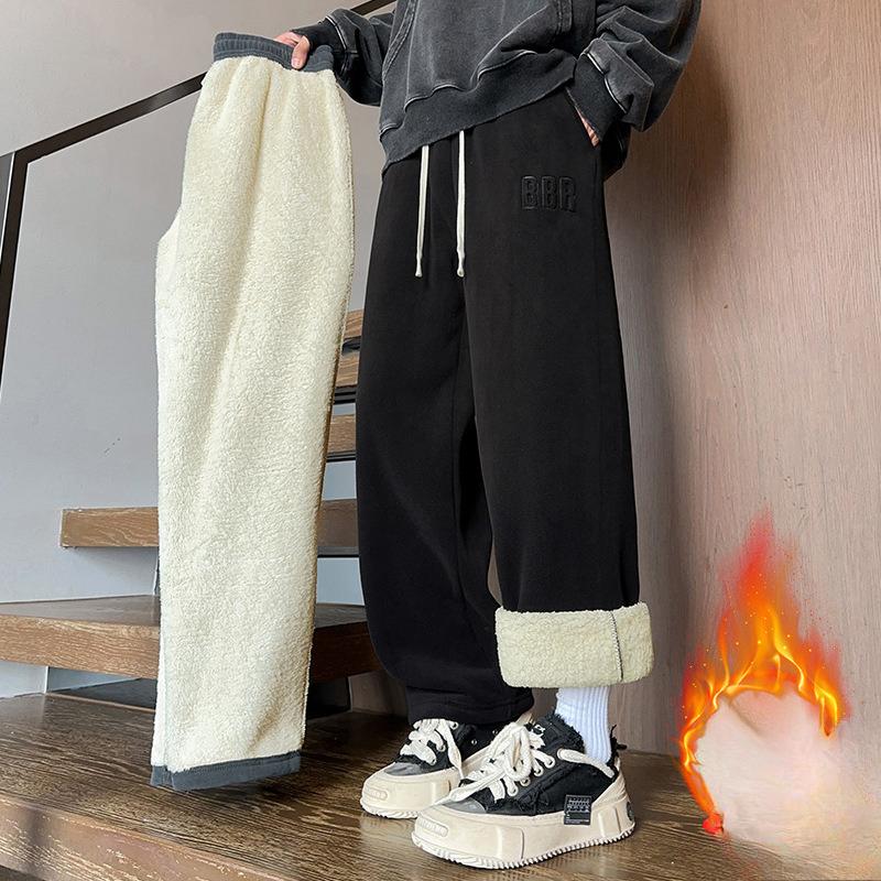 Gutter Vinter Ny Fleece Fortykket Herre Casual Bomullsbukser Fleece Fortykket Høst- og Vintermodeller
