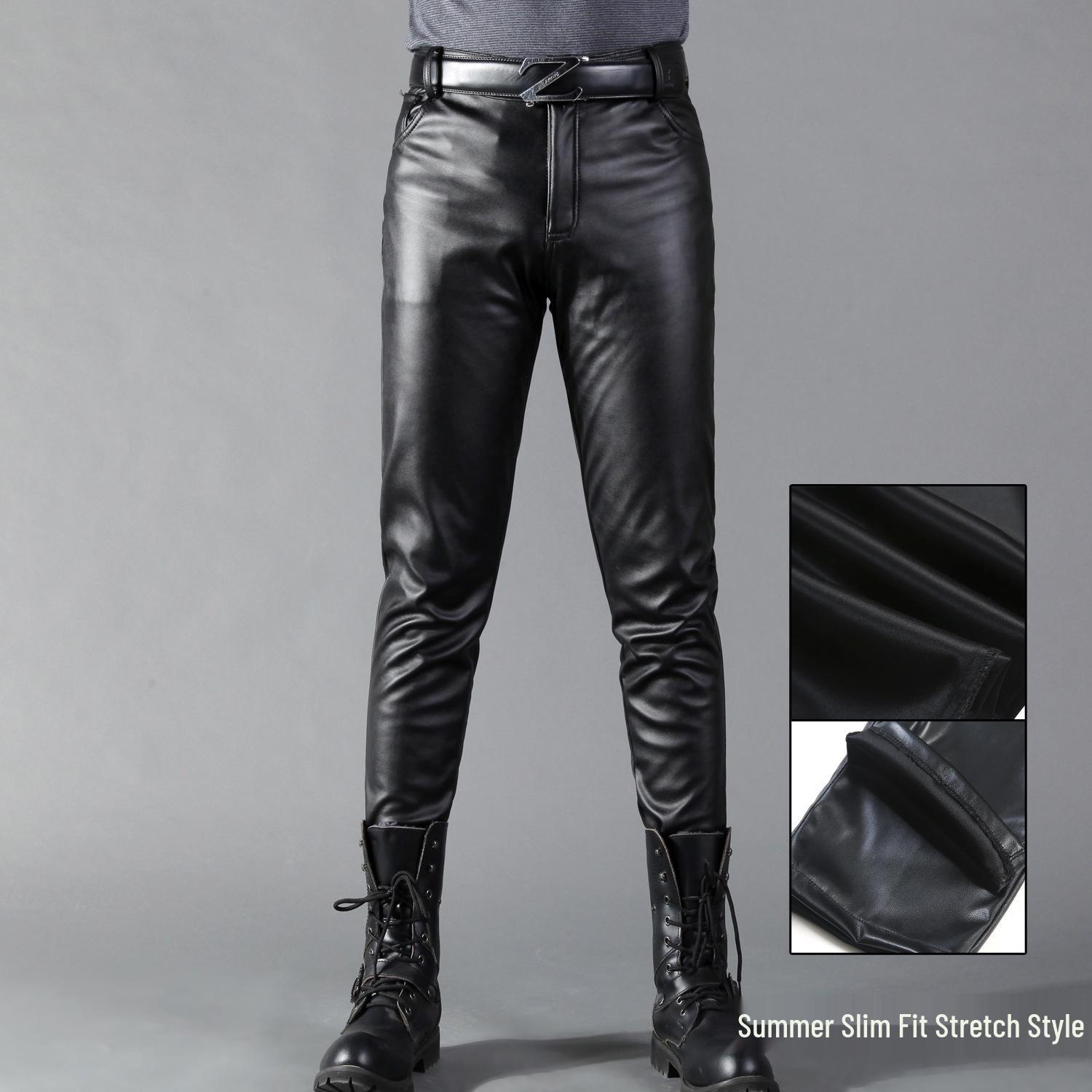 

Men s Korean Style Slim Fit Motorcycle Leather Pants - Fleece-Lined, Skinny, Elastic, Spring/Autumn Trend 29 (22-inch Waist)