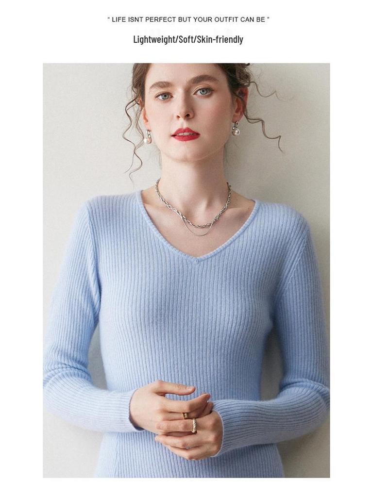 Women's Cashmere V-neck Ribbed A-line Sweater Dress - 2025 Autumn/Winter