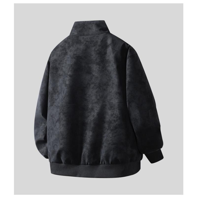 Men's Light Gray Suede Bomber Jacket, Stand Collar Casual Coat with Zipper Pockets, Retro Streetwear Style for Daily Wear