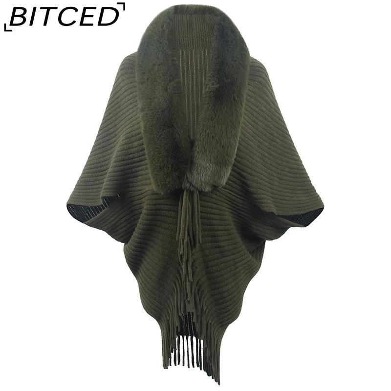 BITCED Autumn/Winter Fringe Shawl with Fur Collar – Women's Knitted Cape Coat