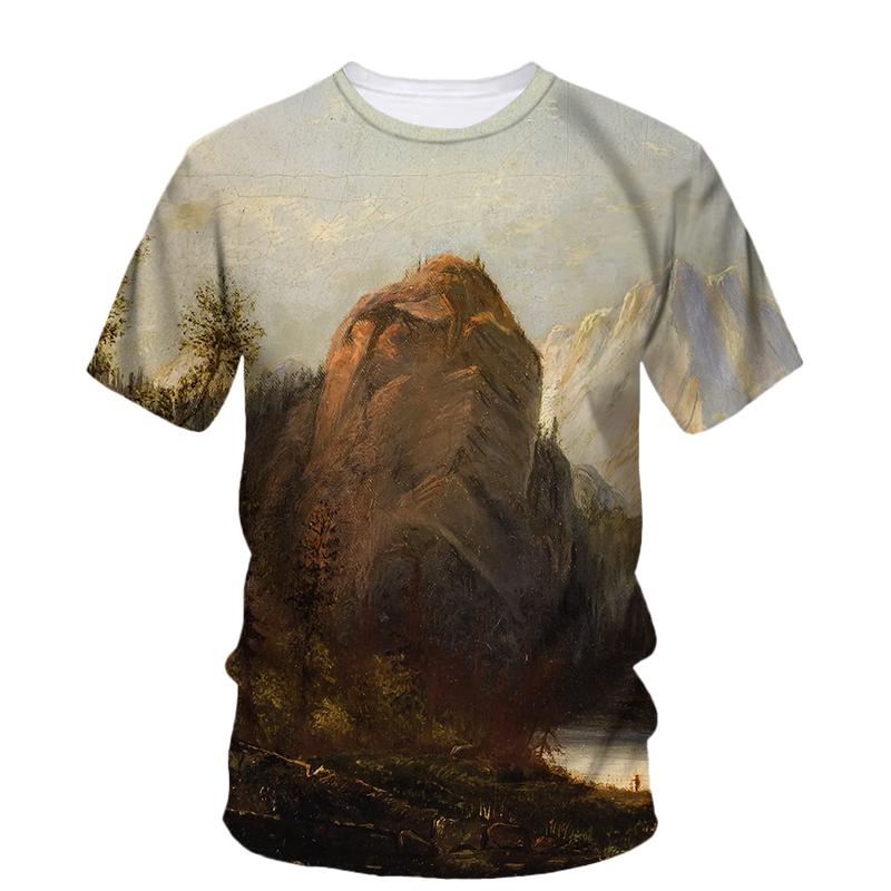 Summer New Landscape Oil Painting Art Graphic T Shirts Fashion Literary Youth Casual Tees Personality Men Printed O-neck Tops
