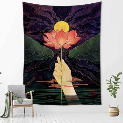 Bergamot Lotus Tapestry Wall Hanging Oil Painting Illustration Bohemian Style Aesthetics Room Home Decor