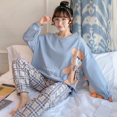 Frühling und Herbst Sommer Langarm Hosen Pyjamas Frauen Mädchen Pyjamas Große Größe Lose Plaid Home Anzug