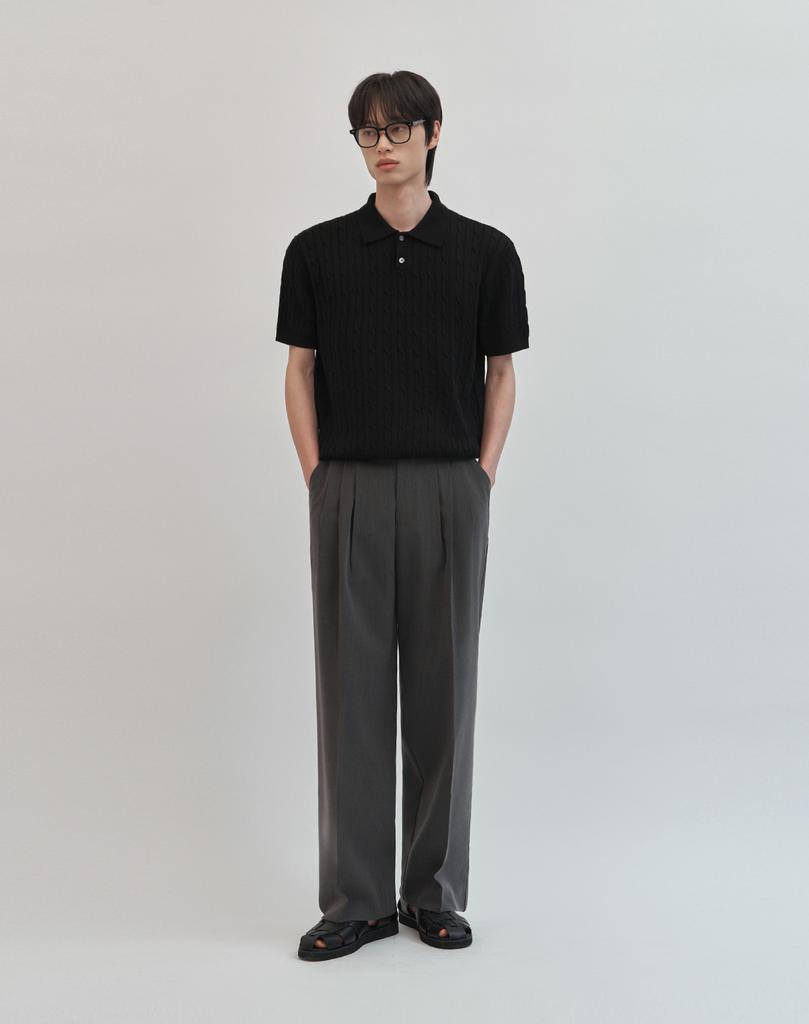 WORK ON BODY OFF Tres Semi-Overfit Cable Collar Short Sleeve Knit [Black]