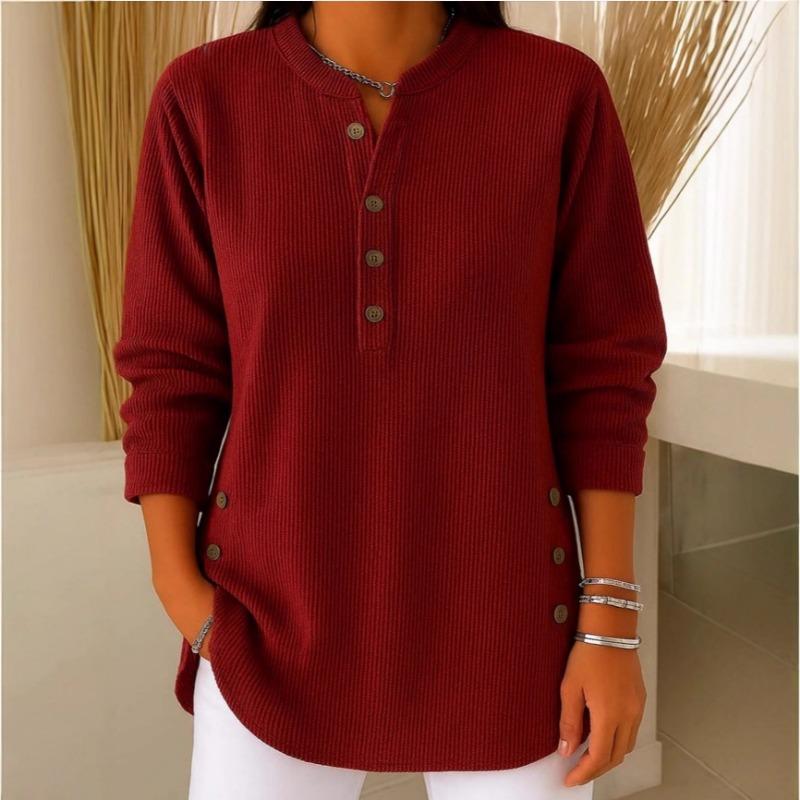Women's Autumn Waffle Henley Shirt Long Sleeve Button Casual Loose Top