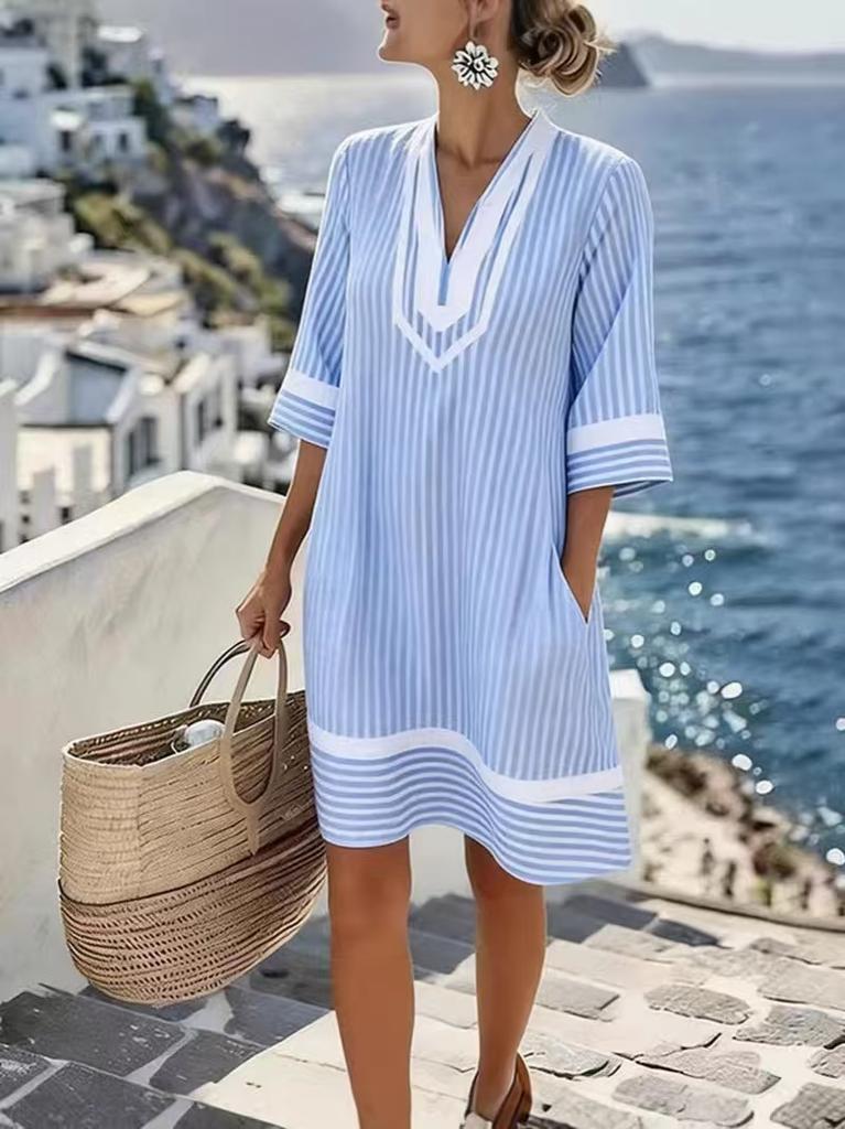2026 new seaside vacation style V-neck bohemian print loose beach dress short sleeve casual fashion