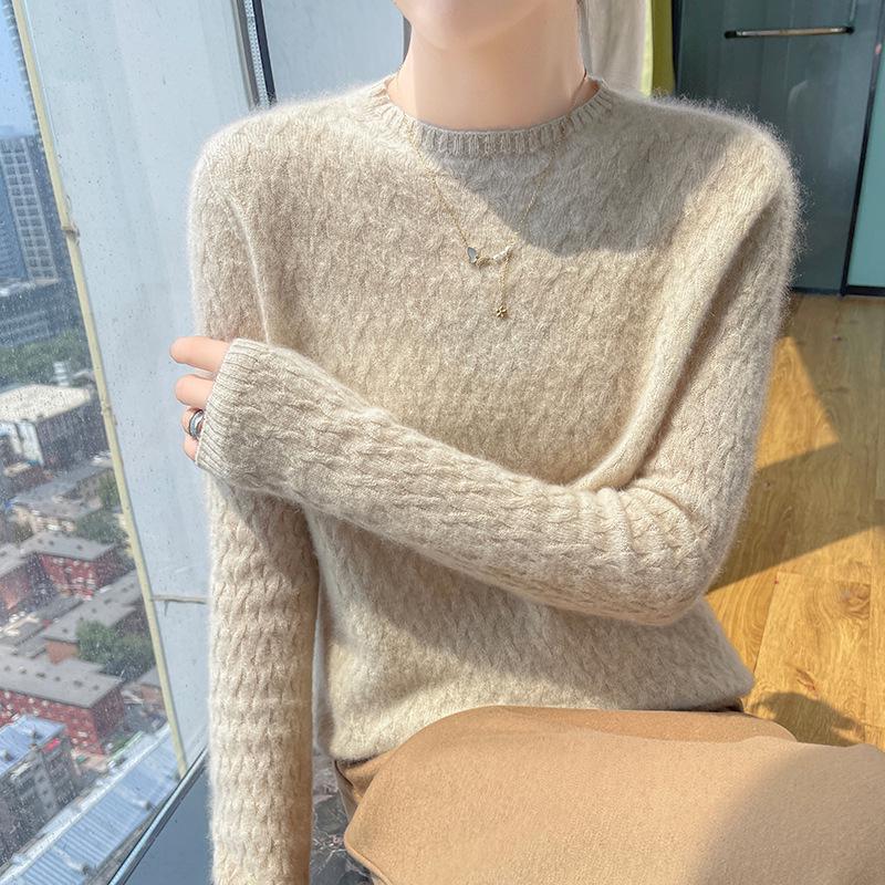 

Женский приталенный свитер из волнистой вязки, 100% шерсть - Модный свитер с высоким воротником для осени/зимы. 2XL fits 135-150 jin