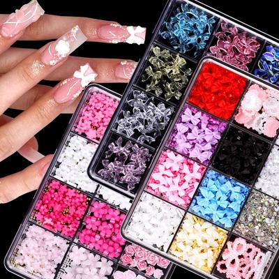 Strass Misti per Unghie a 12 Griglie Perle Iridescenti Charms Cuore Nastro 3D per Decorazione Nail Art