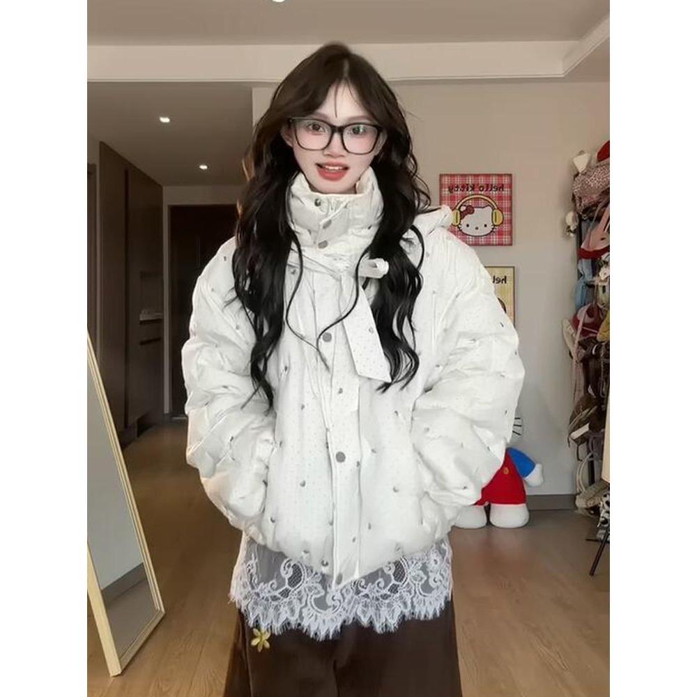 Sweet polka dot floral cotton-padded jacket women's winter bow warm bread jacket thickened cotton-padded jacket