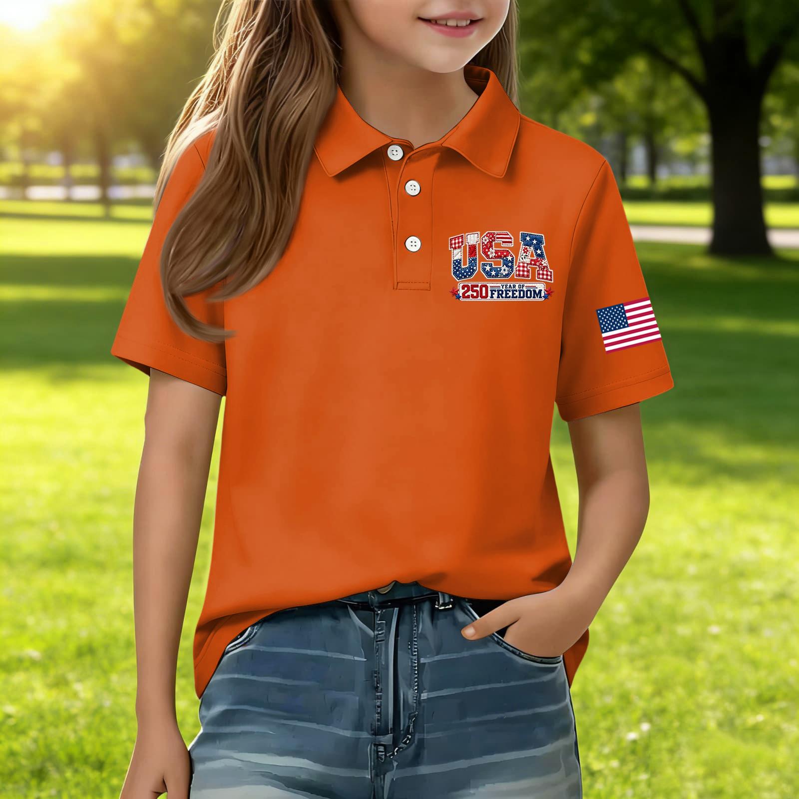 

Kids Short Sleeve Polo Shirt Casual Daily Wear USA Print Boys Girls Lightweight Breathable Cotton Blend Top 160 оранжевый