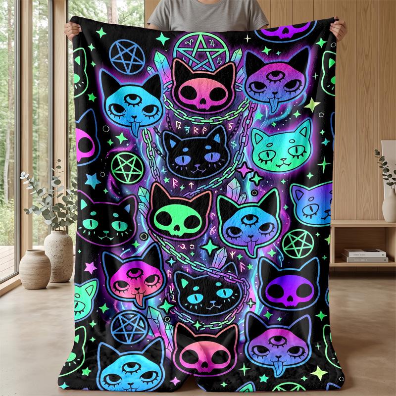 Neon Cat and Butterfly Theme blanket Lightweight Warm Flannel Blanket Decorative Throw Blanket for Home Decoration