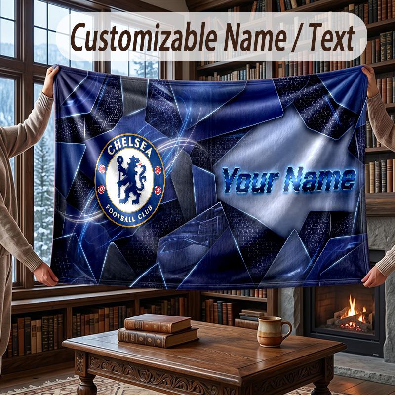 Custom Name Flannel Throw Blanket Chelsea FC Pattern Warm Home Decoration