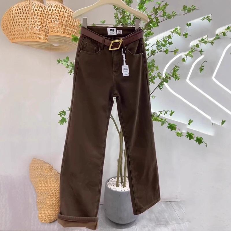 Autumn and winter velvet thermal jeans women's brown brown high waist loose wide legs mopping straight pants