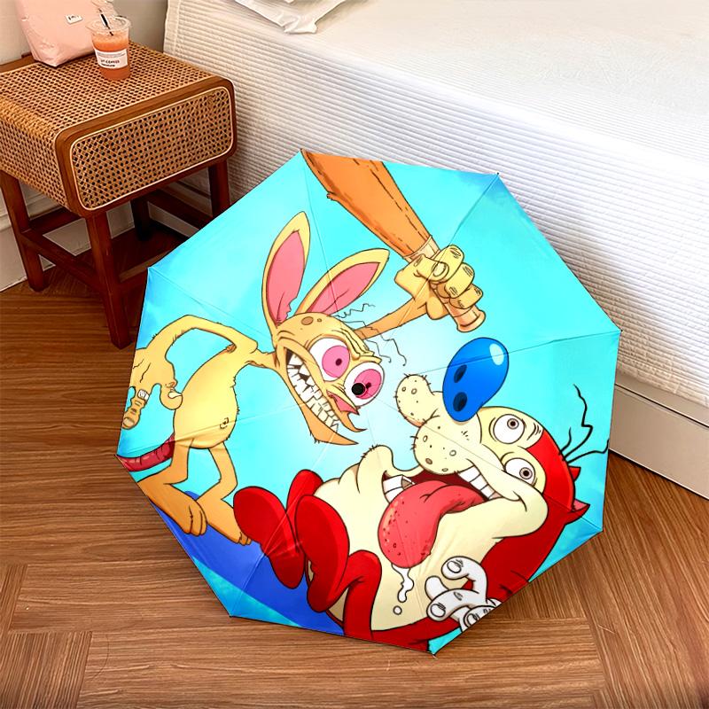 Ren and Stimpy pattern, automatic folding umbrella, portable and foldable design, 8 ribs, a Christmas or birthday gift.
