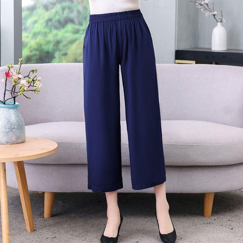 Women's Plus Size Elastic Waist Cotton Silk Pants - High-Waisted, Loose, Solid Color, Straight-Leg, Summer Style for Middle-Aged & Elderly