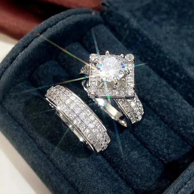 Gorgeous Silver Color Inlaid with Multiple White Zircons Engagement Rings Women Fashion Party Wedding Rings Set