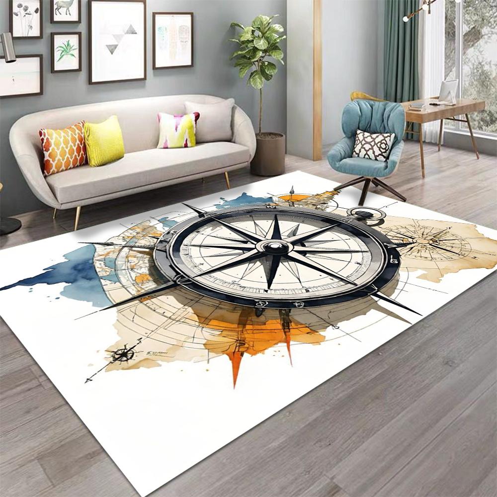 Nautical Compass Carpet Set of 4 Vintage Sailing Map Design Non Slip Floor Mats for Living Room Coastal Decor