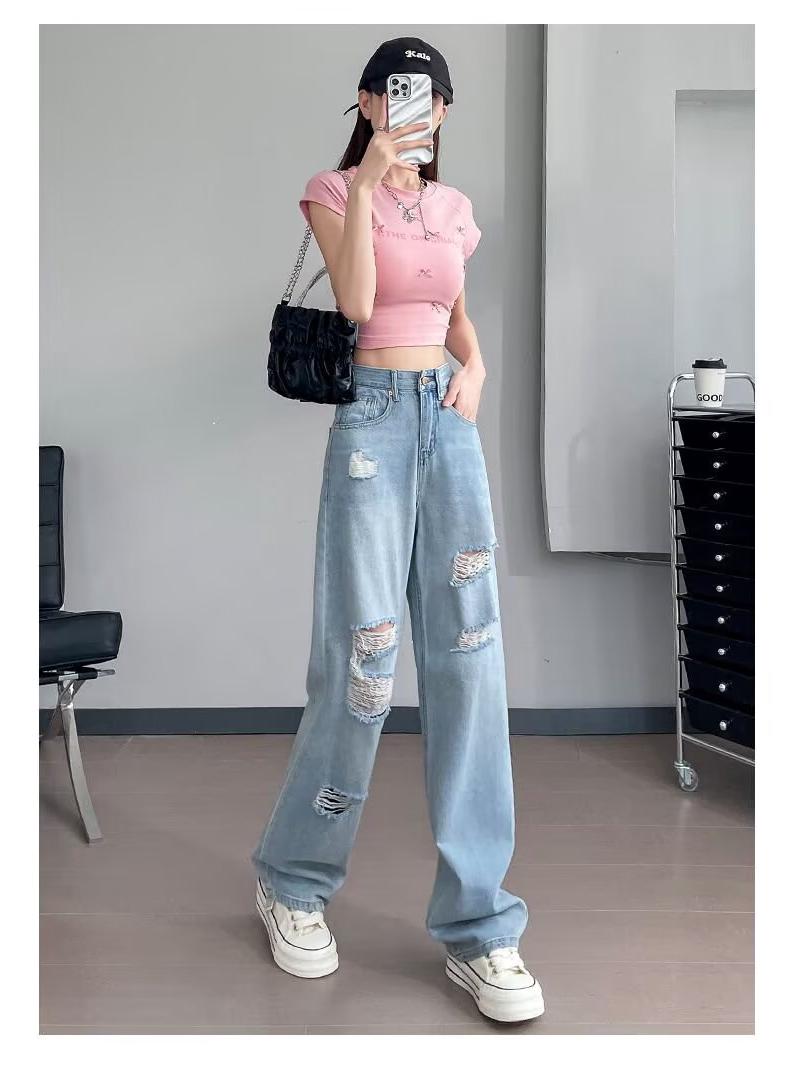 

Женские джинсы с завышенной талией, облегающие, рваные - Коллекция Лето 2025, варианты прямого и широкого кроя S: Height 155-165CM (75-90 lbs)