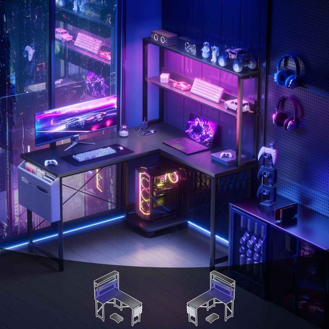 135 cm L-Shaped Desk with LED Lights and Power Outlets, Double Gaming Desk with Shelves, PC Stand, Hooks, and Storage Bag for Home Office