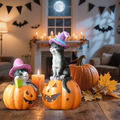 Halloween Cat On Pumpkin Figurine Cute Pumpkin Cat Statue Indoor Resin Sculpture for Shelf Tabletop Bedroom Entryway Decor