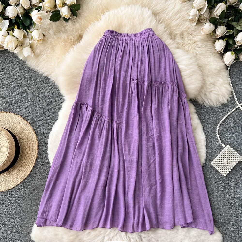 Summer High Waist Drape A-Line Skirt Fashion Elastic All-Match Pleated Large Swing Temperament Midi Skirt
