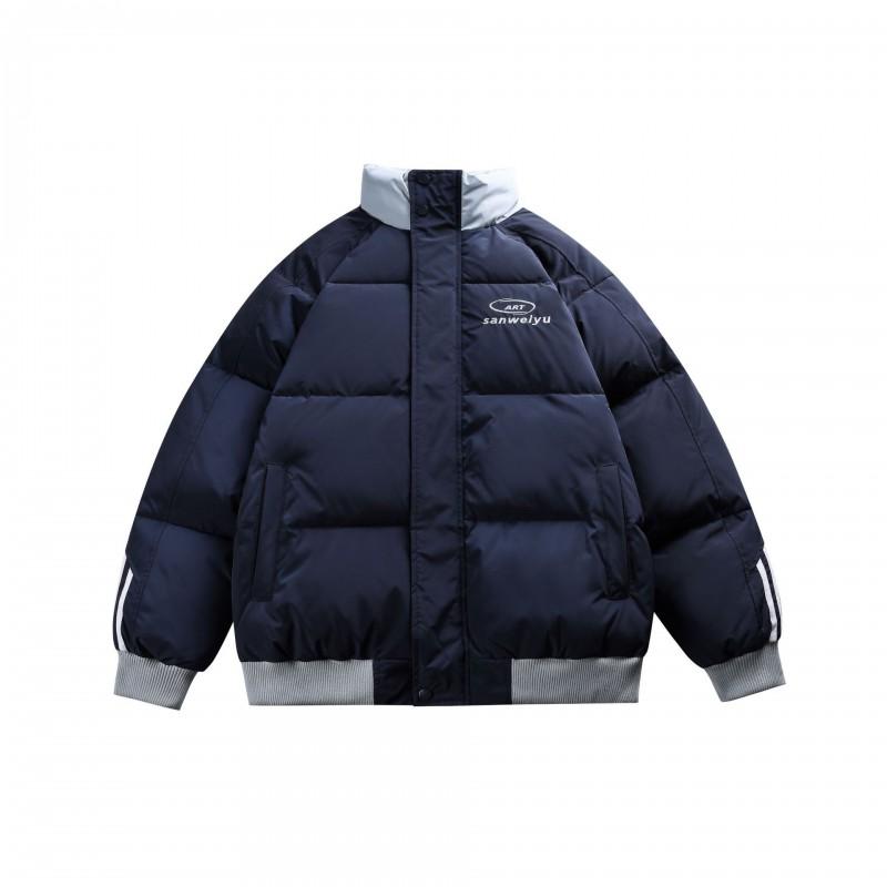 Unisex Oversized Puffer Jacket With Stand Collar Striped Design Winter Warm Cotton Coat Teens