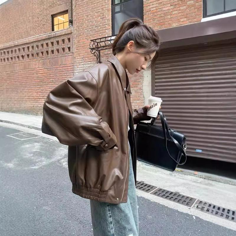 Korean Version of Temperament Trend Sweet Cool Lapel Locomotive Jacket Women's Autumn New Loose Versatile Leather Jacket Cardigan Top
