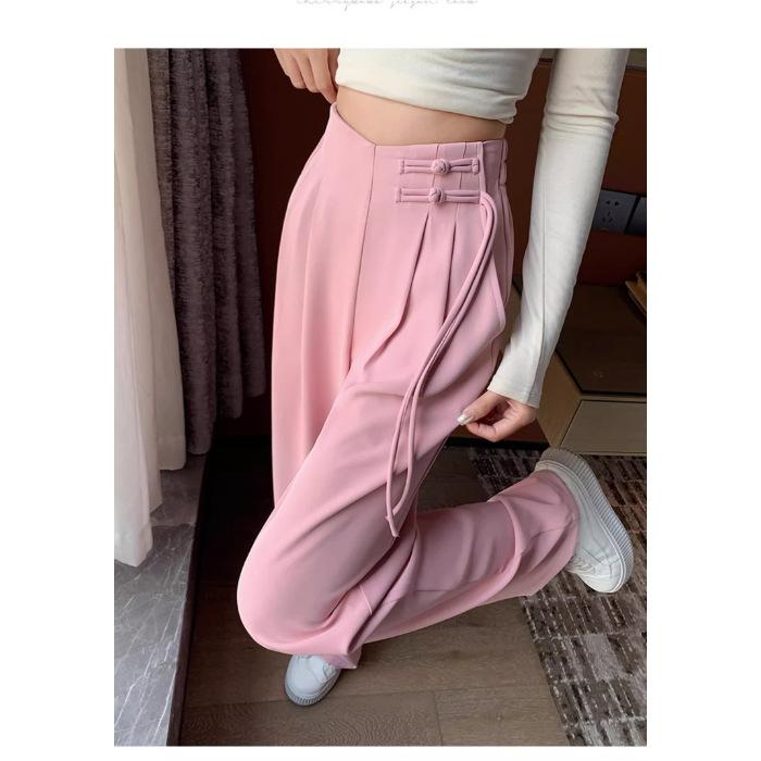 Spodnie garniturowe na guziki Damskie Wiosna i Lato Mały Wysoki Stan Opadające i Wyszczuplające Casualowe Luźne Proste Spodnie z Szerokimi Nogawkami