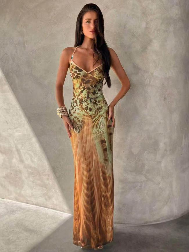 V-neck Floral Spaghetti Strap Bodycon Dress for Women - Slim Fit, European & American Style 2026.