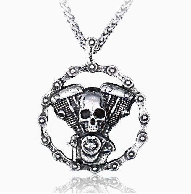 Punk Stainless Steel Skull Chain Pendant Necklace Vintage Hip Hop Statement Necklaces for Men Male Boho Jewelry with wooden box