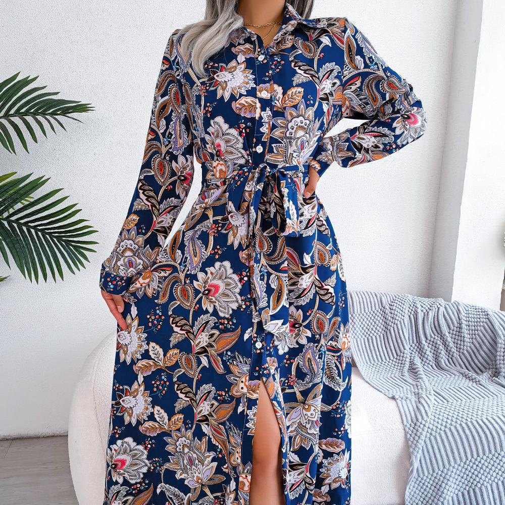 GMXIA Dámská móda Léto Jaro Vintage Šněrovací košile-sukně Dlouhé šaty Květinový potisk Dlouhý rukáv Klopa Ležérní šaty