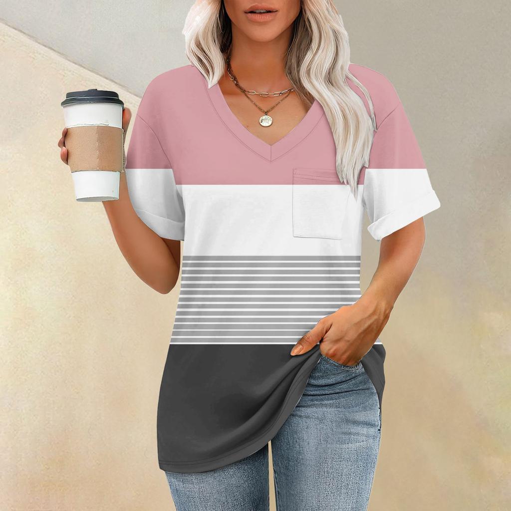 Fashion Pocket V-Neck Short Sleeve Striped Print T-Shirt Top