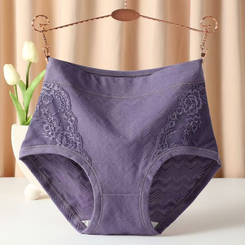 

Plus Size Female Spring and Autumn Lace Cotton Comfortable Breathable Non Mark High Waisted Briefs XXL темно-фіолетовий колір