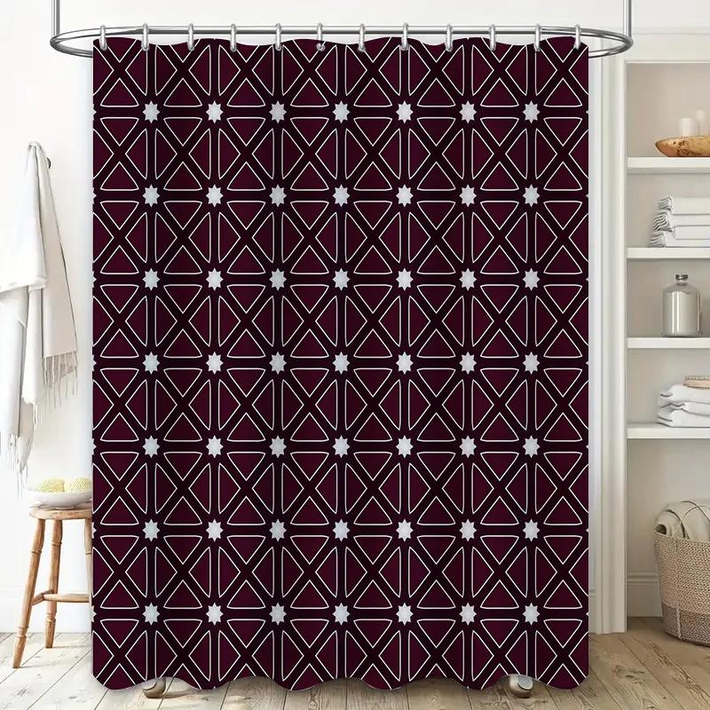 

Modern Geometric Pattern Shower Curtains Dark Red White Decorative Bathroom Liner With 12 Hook Rings Extra Long Length W60H190(CM)-1 Pcs