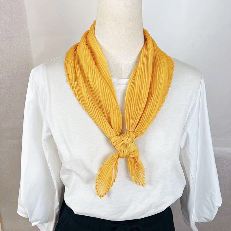 Women's Pleated Solid Color Small Square Scarf | Purple Neck-Protecting Silk Scarf Professional Spring-Autumn Scarf Decorative Neck Wrap for Ladies